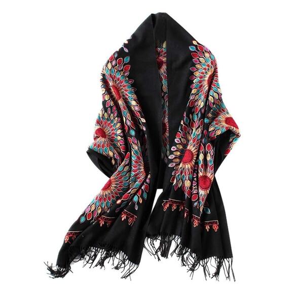Cozy Shawl Wrap Scarf Boho Bohemian Tapestry Floral Red Black Multicolor Large - Picture 1 of 7